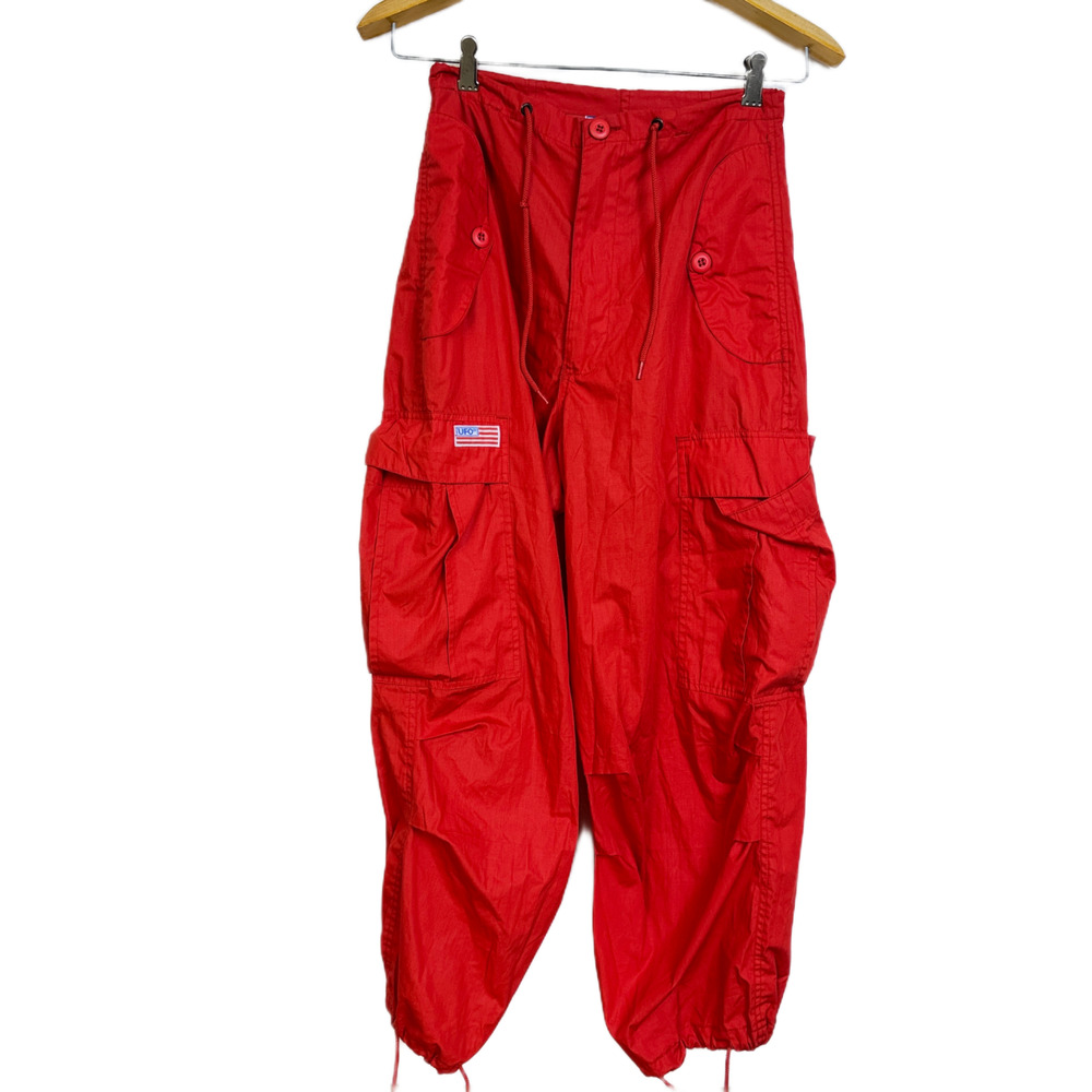 VTG UFO Parachute Cargo Pants Red Drawstring Y2K Rave Festival Baggy XXS 26x25